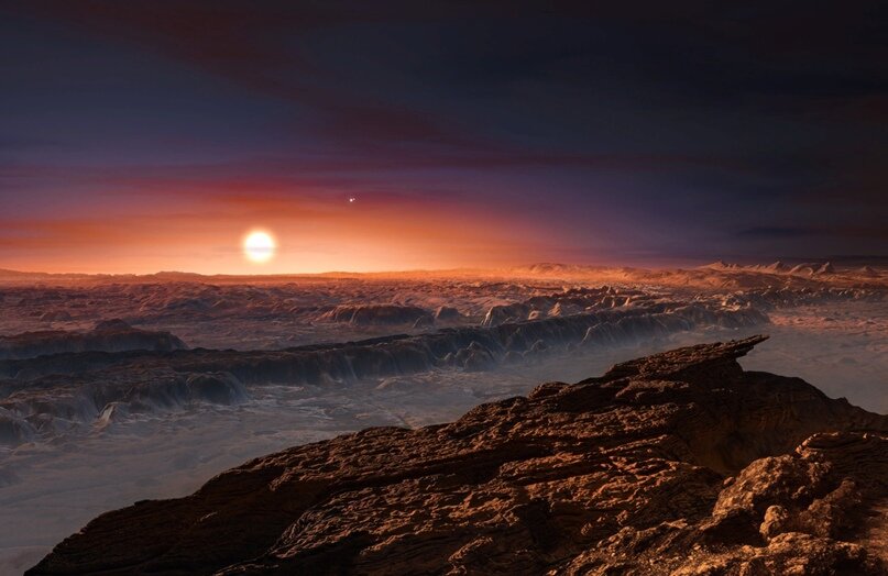 Вид с поверхности экзопланеты Proxima b в представлении художника. Вид с поверхности экзопланеты Proxima b в представлении художника.