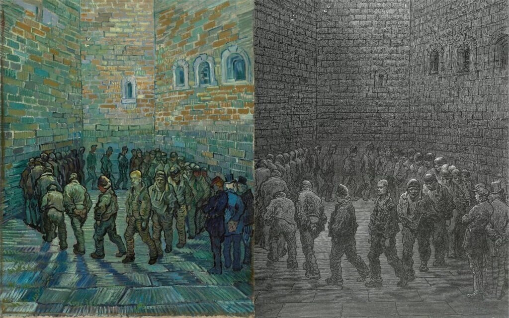      Винсент ван Гог, "Упражнения заключенных", 1890, Пушкинский музей, Москва, Россия. Гюстав Доре, "Ньюгейтский тренировочный двор из Лондона", 1872 год.