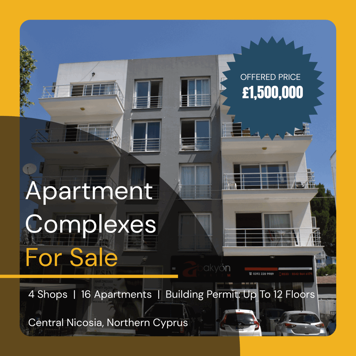 Two Apartment Complexes in Nicosia with 6 shops, Penthouses, and 20 Apartments for Sale.