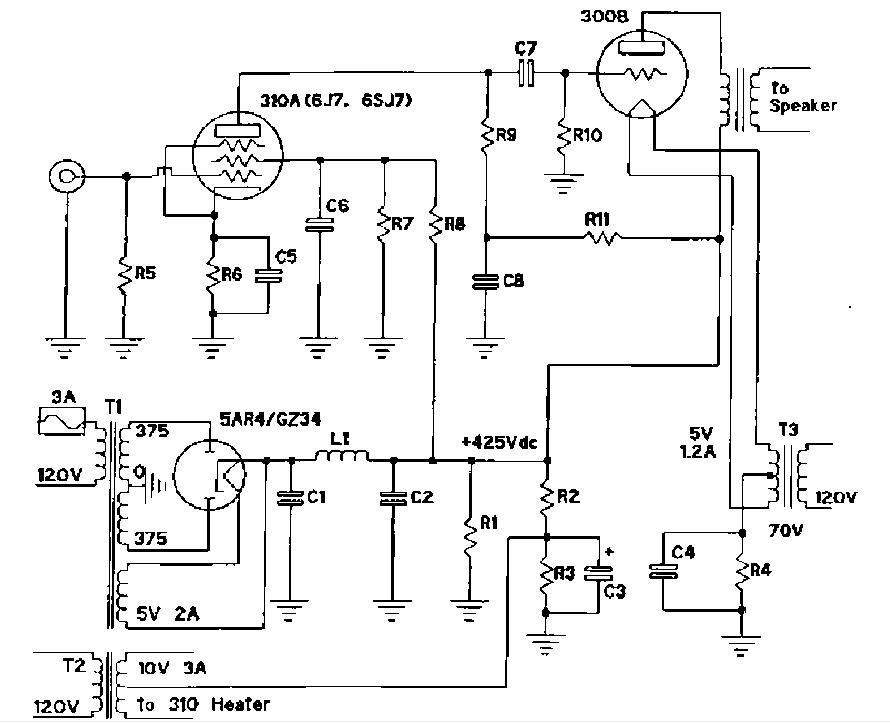 R1 - 50К 25 Вт проволочный R2 - 270К 2 Вт R3 - 20К 2 Вт R4 - 0,88К 50 Вт проволочн. R5 - 220К 2 Вт R6 - 1,2К 2 Вт R7 - ЗОК 5 Вт проволочный R8 - 75К 5 Вт проволочный R9 - 91К 2 Вт R10 - 390К 2 Вт R11 - 27К 10 Вт проволочн. Все 2 Вт резисторы Композитные (угольные), 5% или по вашему усмотрению. С1 - С2 - 15 мкФ х 1000 В, мас-лонаполненныйСЗ - 50 мкФ х 100 в, эл-лит С4 - С5 - 16 мкФ маслонаполненный или пленочный (>75 В) С6 - 8 мкФ х 200 В, маслонаполненный или пленочный С7 - 0,1 мкФ х 600 В С8 - 15 мкФ х 1000 В толь¬ко маслонаполненный Т1 - 375-0-375 В / 125 мА 5 В / 2 А Т2 - 10 В / 500 мА ТЗ - 5 В / 1,2 А L1 - 10 Гн / 125 мА 