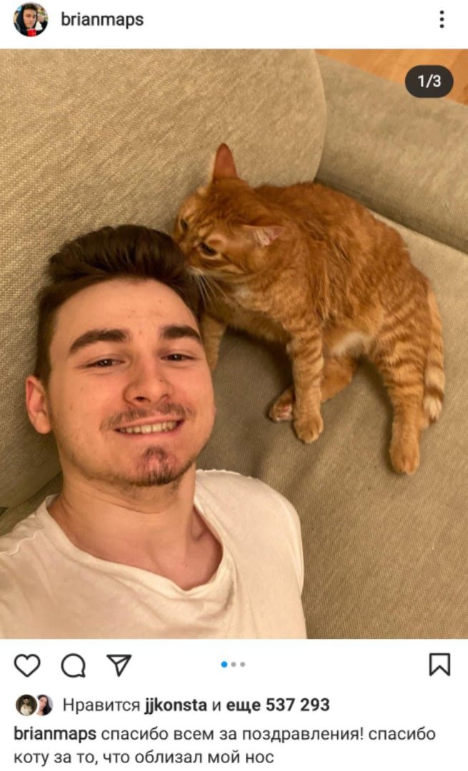 Публикация Максима с участием кота Тигры в социальной сети Инстаграм 