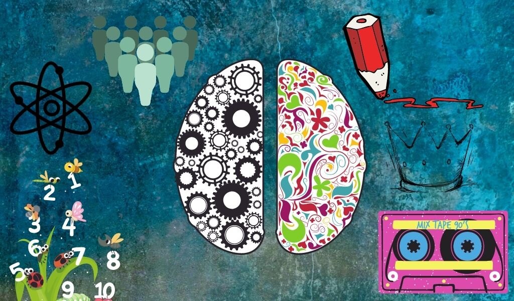 Левое полушарие - за счет и речь, правое - за воображение, музыку и ориентацию в пространстве. Иллюстрация автора.