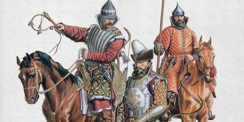 Всадники поместной конницы: воевода (в центре), дворянин-ополченец (слева) и боевой холоп (справа) (Рисунок: С. Летин). Источник: warhead.su