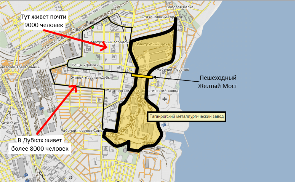 Схема района.  Выделен завод и пешеходный мост через него. 