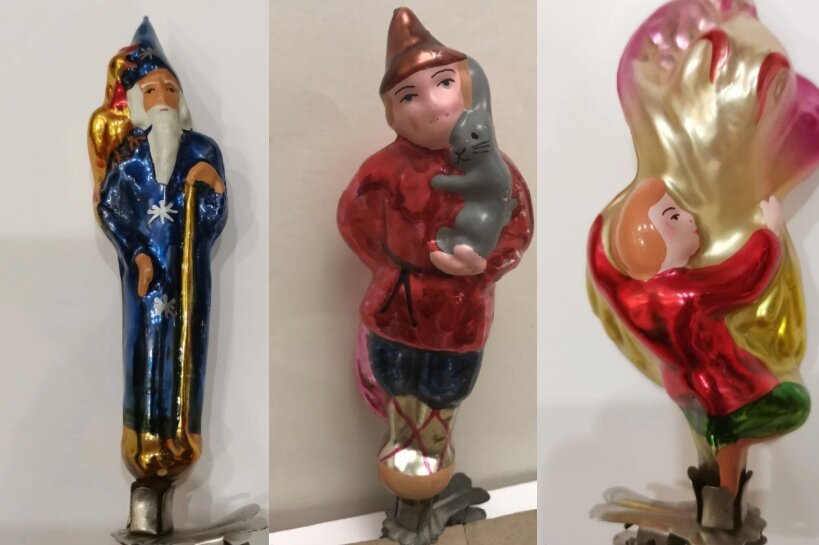 Елочные игрушки СССР, стоимость которых выше 50 тысяч рублей: слева на право: Звездочет, Балда с зайцем, Иванушка на жарптице