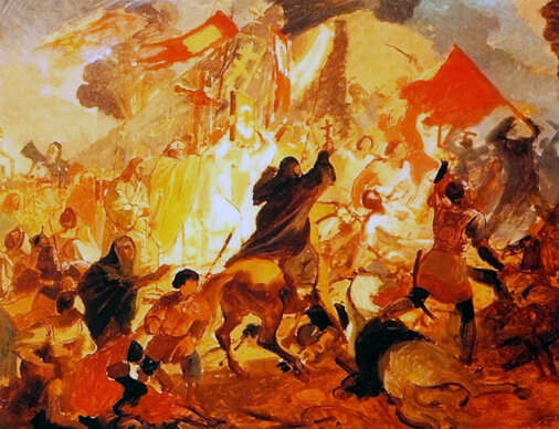 Брюллов. Эскиз картины "Осада Пскова". 1836-1839. Холст, масло. Третьяковская галерея, Москва