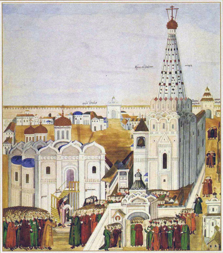 20 февраля 1613 года. На паперти Благовещенского собора Московского Кремля келарь Троице-Сергиевой лавры Авраамий Палицын зачитывает решение Земского собора «Об избрании на царский престол боярина Михаила Фёдоровича Романова». («Книга об избрании на царство царя и великого князя Михаила Федоровича», 1672—1673)