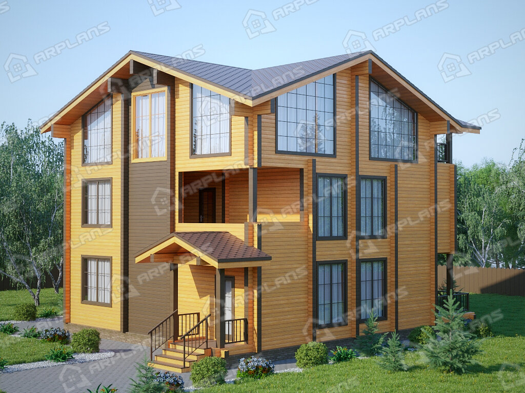 Фото 1 трёхэтажного дома из бруса с мансардой, 6 спальнями, балконом, вторым светом, газовой котельной и террасой. Общая площадь 305 кв м. Источник arplans.ru Проект ДС-068