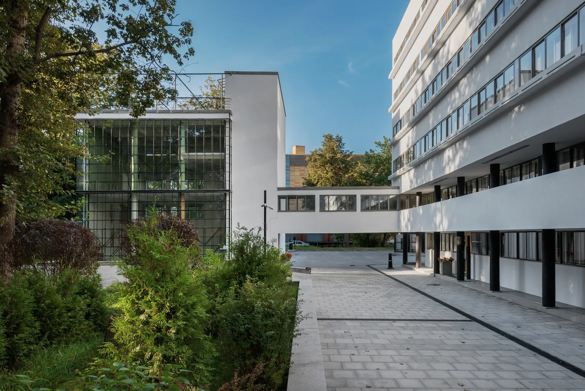 Стеклянный витраж в коммунальном блоке вернулся к первоначальному облику, а пространство между колоннами-опорами вновь стало частью парка дома Наркомфина.