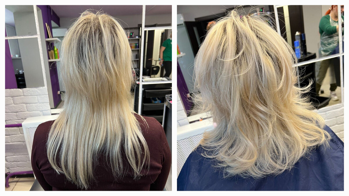 Волосы после ботокса (слева) и когда сделала стрижку из того что осталось (справа)