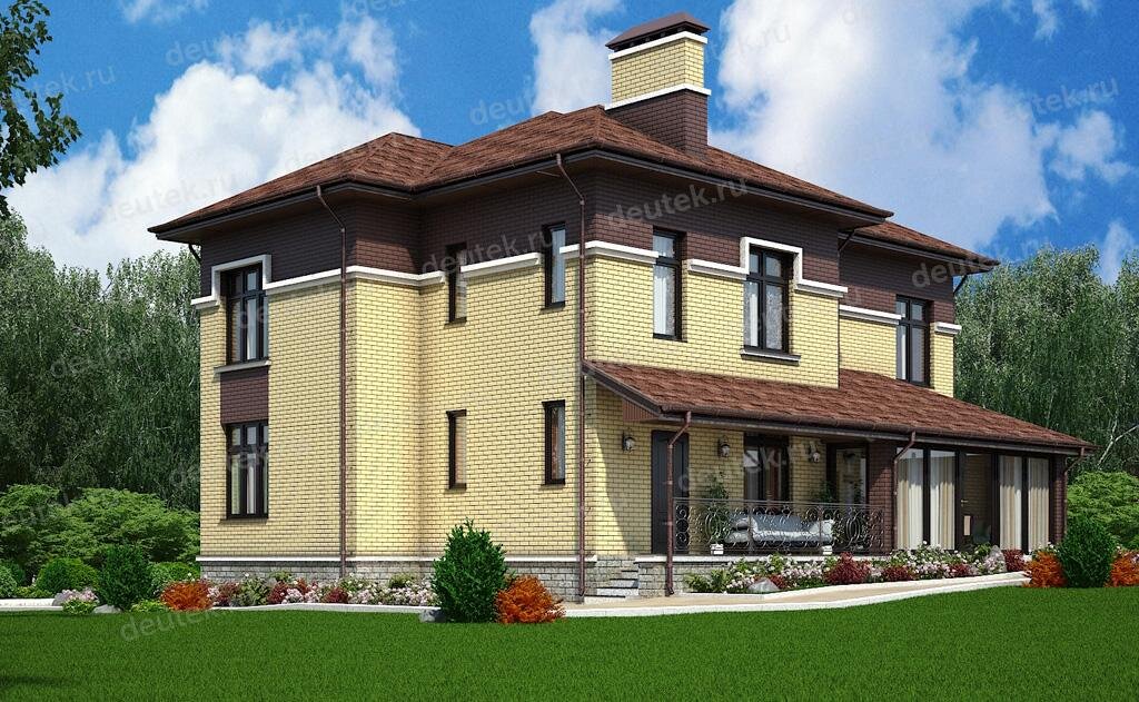 Проект двухэтажного дома 243 м2 с кабинетом, балконом и остекленной террасой - DT0232