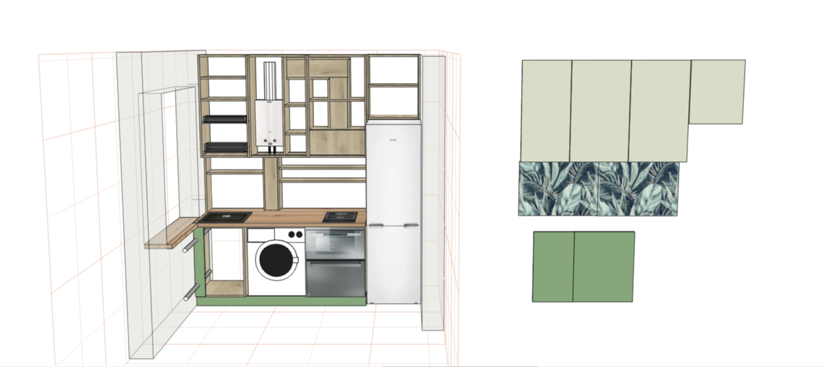 Наполнение шкафов слева направо: сушка+ полки (очень глубокие полки!), колонка +полки, полновстраиваемая вытяжка в коробе+полки, антресоль. В фартуке над мойкой зона для хранения мелкой бытовой техники типа блендера и чайника, разделочных досок и пр, сверху полочка для чая,кофе,сахара. над стиральной машинкой короб, в который спрятали трубы от колонки (он открывается), над рабочей зоной и варочной место для стакана с вилками-ложками, подставки для ножей, контейнеров с крупами, полочки для специй и мелочей (туда еще можно прикрутить держатель для бумажных полотенец). В корпус под мойкой еще планируем добавить выкатную корзину для овощей на 400мм глубиной, чтобы ее можно было выкатывать на место мусорного ведра.