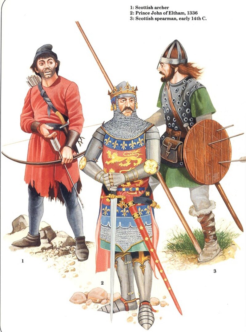 Шотландские воины первой пол. XIV в. 1 — лучник,  3 — копейщик