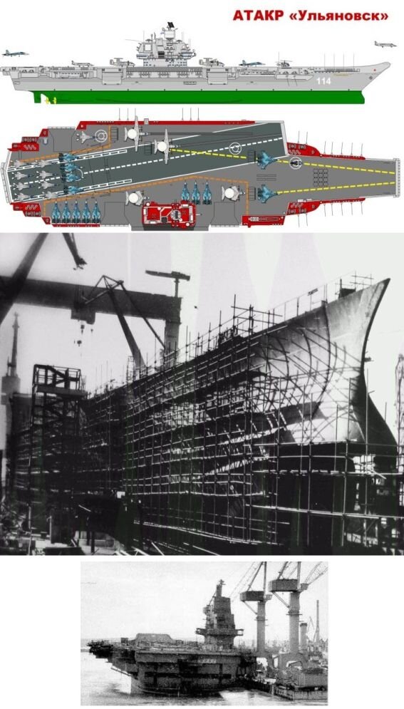 Атомный тяжёлый авианесущий крейсер проекта 1143.7 "Ульяновск", начавшийсяв проекте в 1973-м, но разобранный на металл в 1991-м. Самый крупный корабль, когда-либо строившийся в СССР. Китайцы по его проекту сварганили свой тяжелый авианосец "Фуцзянь", тоже хотят стать "родиной слонов"