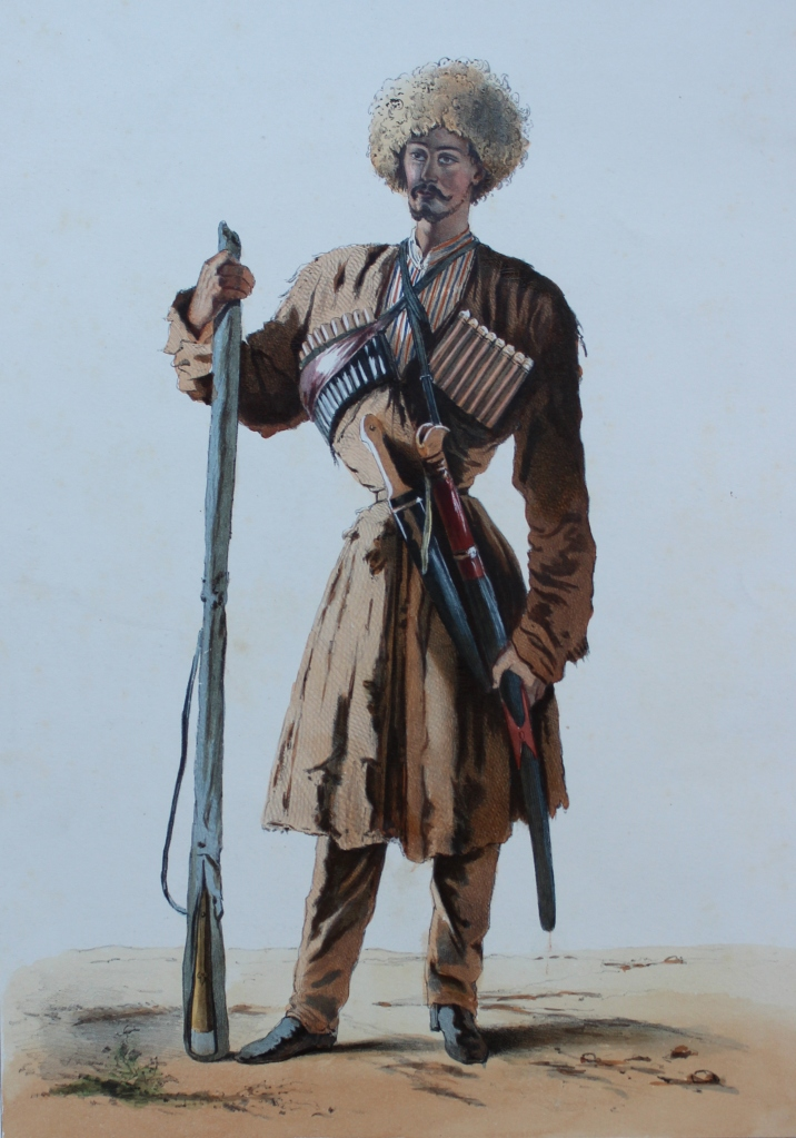 Костюмы Кавказа: Моздокский казак в боевом облачении. Терская линия. Рисовал князь Г.Гагарин. Литографировал Шульц. Париж, [1840-е г.г.]. Литография в паспарту. Издательская раскраска акварелью.