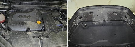 На фото слева показано, как моторный отсек заливает грязью через зону замка. Справа – забрызганный капот. Так бывает, если на машине установлен уплотнитель старого образца, с разрывом посередине. Впрочем, и сплошной новый не обеспечивает поддержание чистоты в подкапотном пространстве.