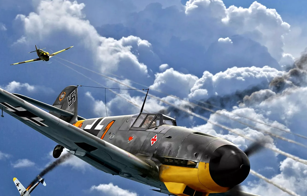 Bf. 109G-2 максимальная скорость у земли 505 км/ч, на высоте 650 км/ч, скороподъемность 1 398 м/мин. Вооружение: одна 20-мм пушка и два 7,92-мм пулемета