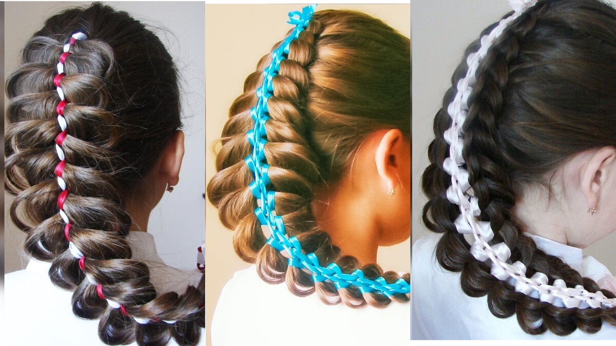 Коса из 5 прядей с лентой. Braid of five strands with ribbon