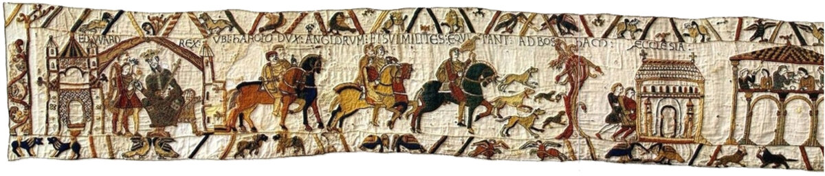 Фрагмент Гобелена из Байё. По центру с соколом изображение Гарольда II Годвинсона