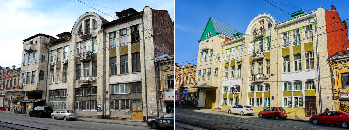Доходный дом Молчанова (Зворыкина) до и после реставрации, вид с улицы Венцека