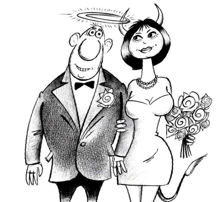 Жену оказывается имеют. Женщина Святоша карикатура. Картинки счастливый муж и жена злая. Муж и жена одна сатана картинки. Злая женушка и муж каблук.