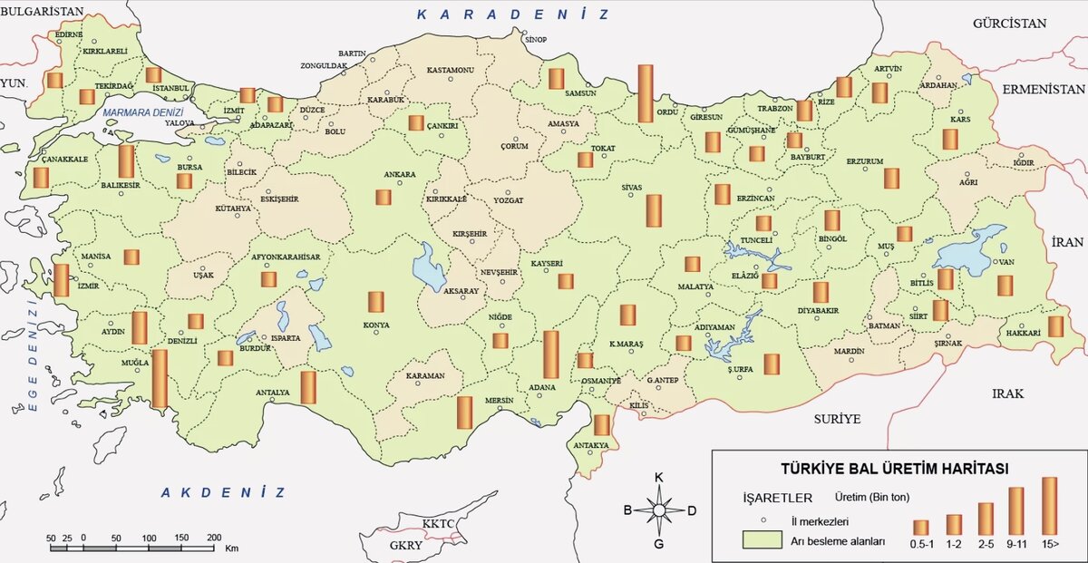 Карта добычи мёда в Турции/map of honey production in Turkey