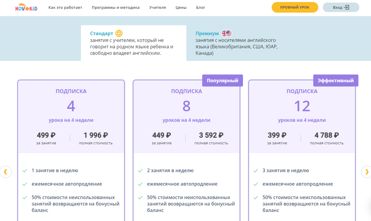 Цены за абонементы (первый урок пробный)