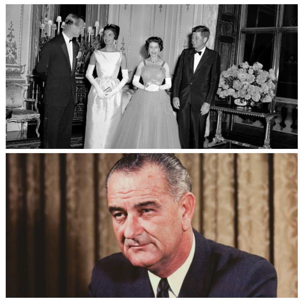 Первое фото - на ужине с Кеннеди в 1961 году. Второе фото - тот президент, с которым она не встретилась Линдон Джонсон