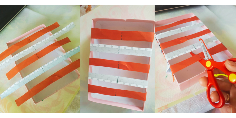 Лучше фиксировать бумагу на пластилин, тогда можно использовать одну коробку много раз, просто поменяв полоски.