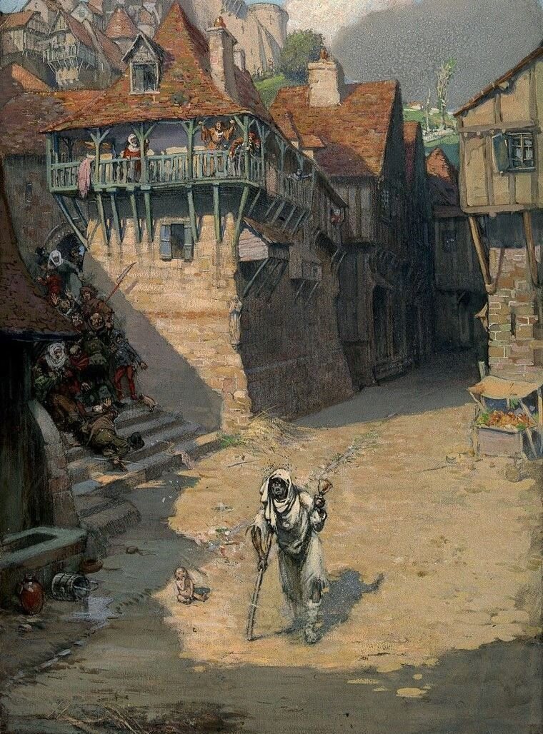 Люди спешат уйти от прокаженного, в спешке толпа оставила младенца на обочине, прокаженный проходит мимо, звонит в колокольчик. Р. Купер. (1885-1957)  