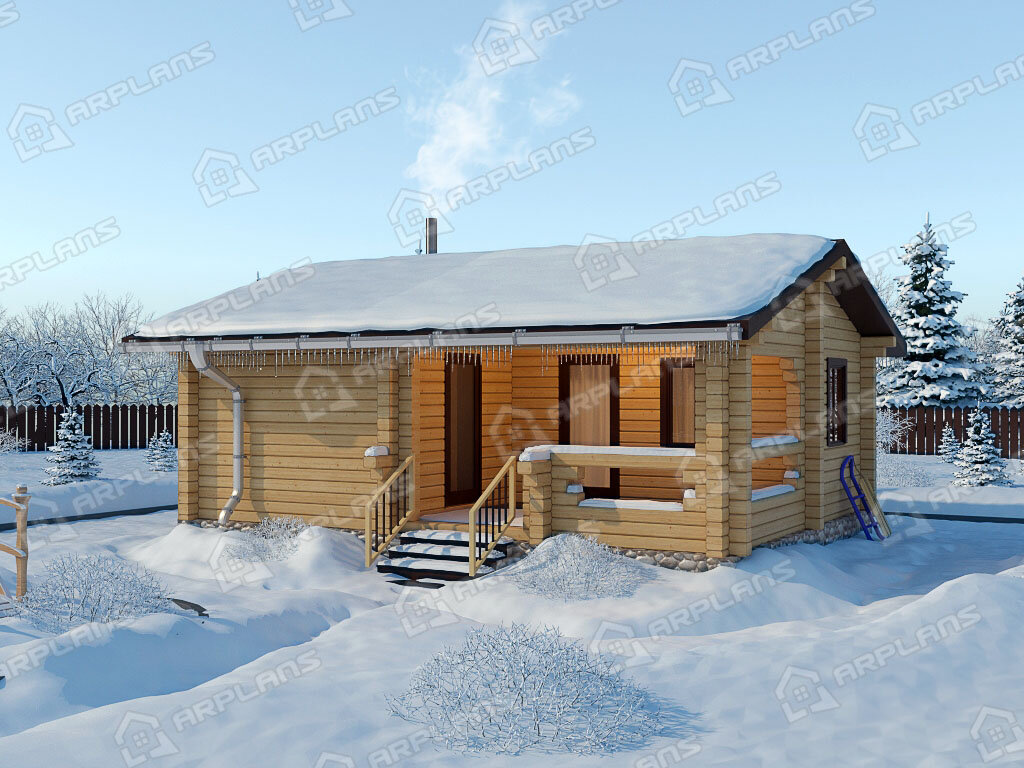 Фото 1 одноэтажной бани из бруса с комнатой отдыха и террасой. Общая площадь 42 кв м. Источник arplans.ru Проект Б-005