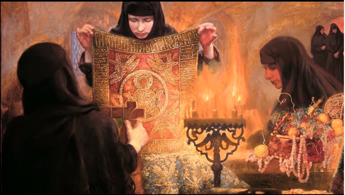 Юрий Сергеев. Золотошвейки. 1998. холст, масло, 130 x140 см. Держите для вдохновения