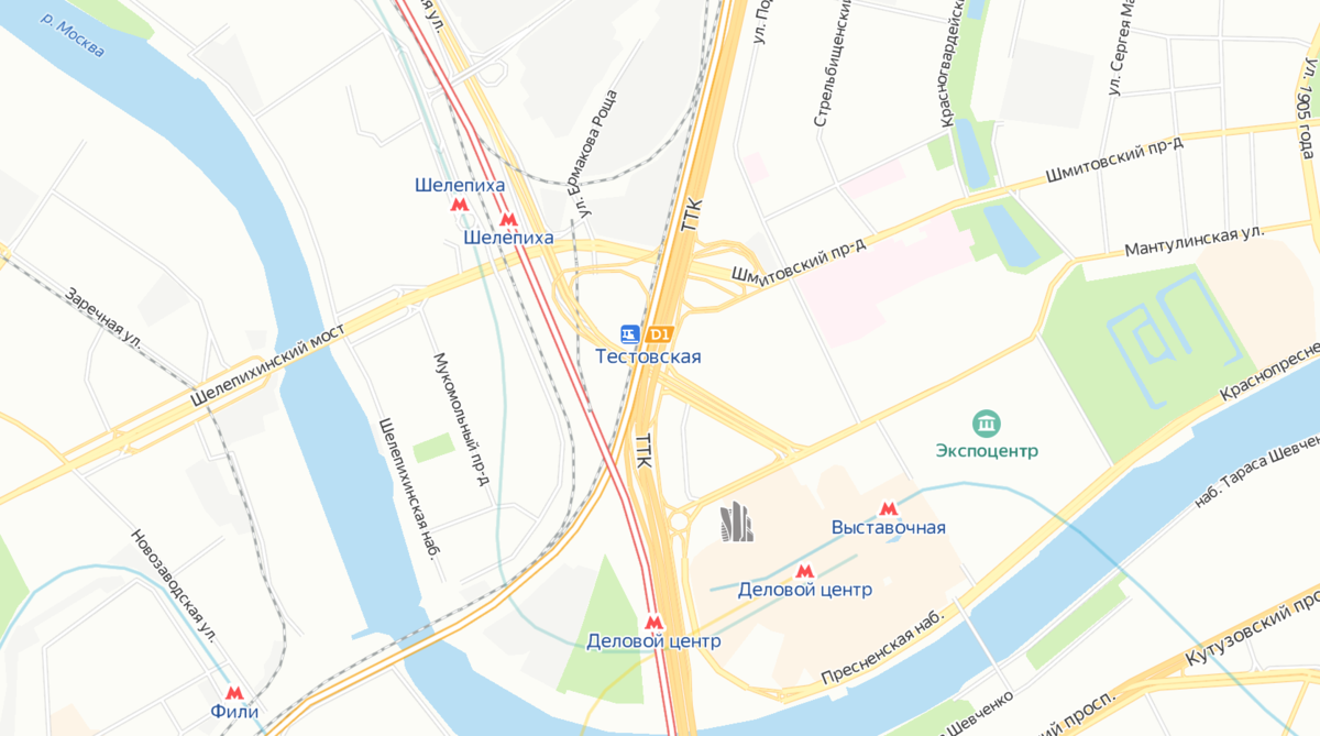 Железнодорожная станция "Тестовская" на современной карте Москвы. Яндекс.Карты.