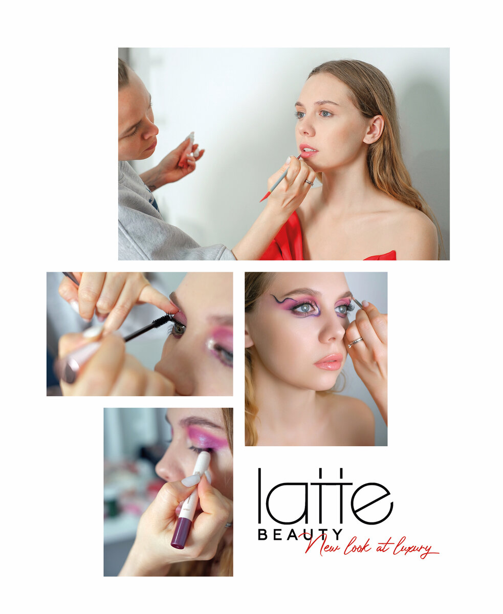 Шаг 1: Блеск-бальзам Latte Beauty Jealous, оттенок Sorbet #03 
Шаг 2: Тени-карандаш для век Latte Beauty Equilibrium, оттеноки Energy #04, 
Confidence #06
Шаг 3: Пудровый карандаш для бровей Latte Beauty Easy Trick, оттенок Brown
Шаг 4: Подводка-лайнер для глаз Latte Beauty Quick Flick
Шаг 5: Тушь для ресниц Latte Beauty False Lashes