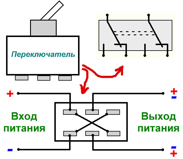 Как можно менять полярность плюса и минуса с помощью переключателя, схема реверса (переполюсовки)