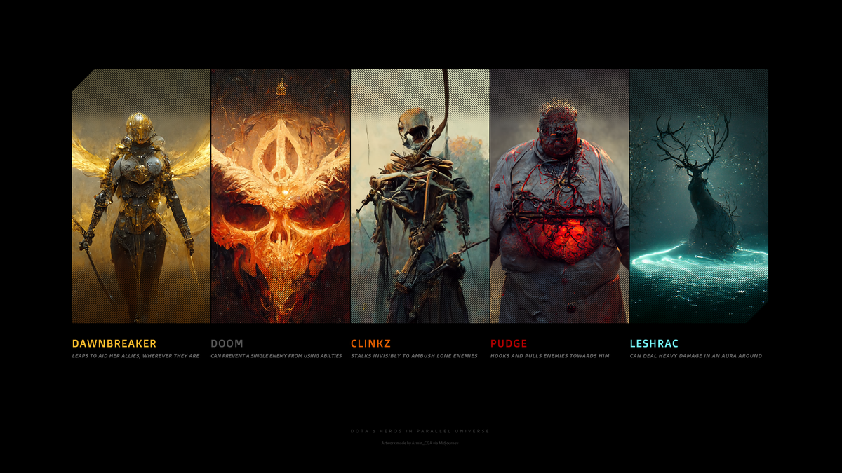Взято из Reddit Ill_Pipe_2069 опубликовал на форуме изображения, показывающие, какими героев Dota 2 видит нейросеть Midjourney. Работы получились гораздо мрачнее, нежели оригинальные дизайны персонажей из игры. Добавьте описание

