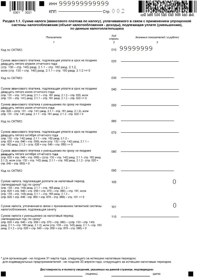Раздел 1.1 нулевой декларации по УСН Доходы. Канал Предприниматель Инфо