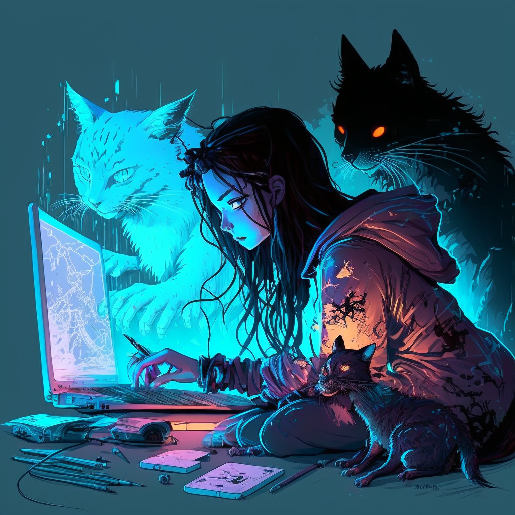 Девочка изучает компьютерные технологии. Котики олицетворяют её демонов. Здесь они следят и вроде как даже помогают. Чаще же они мешают (C) Igor Kuchaev