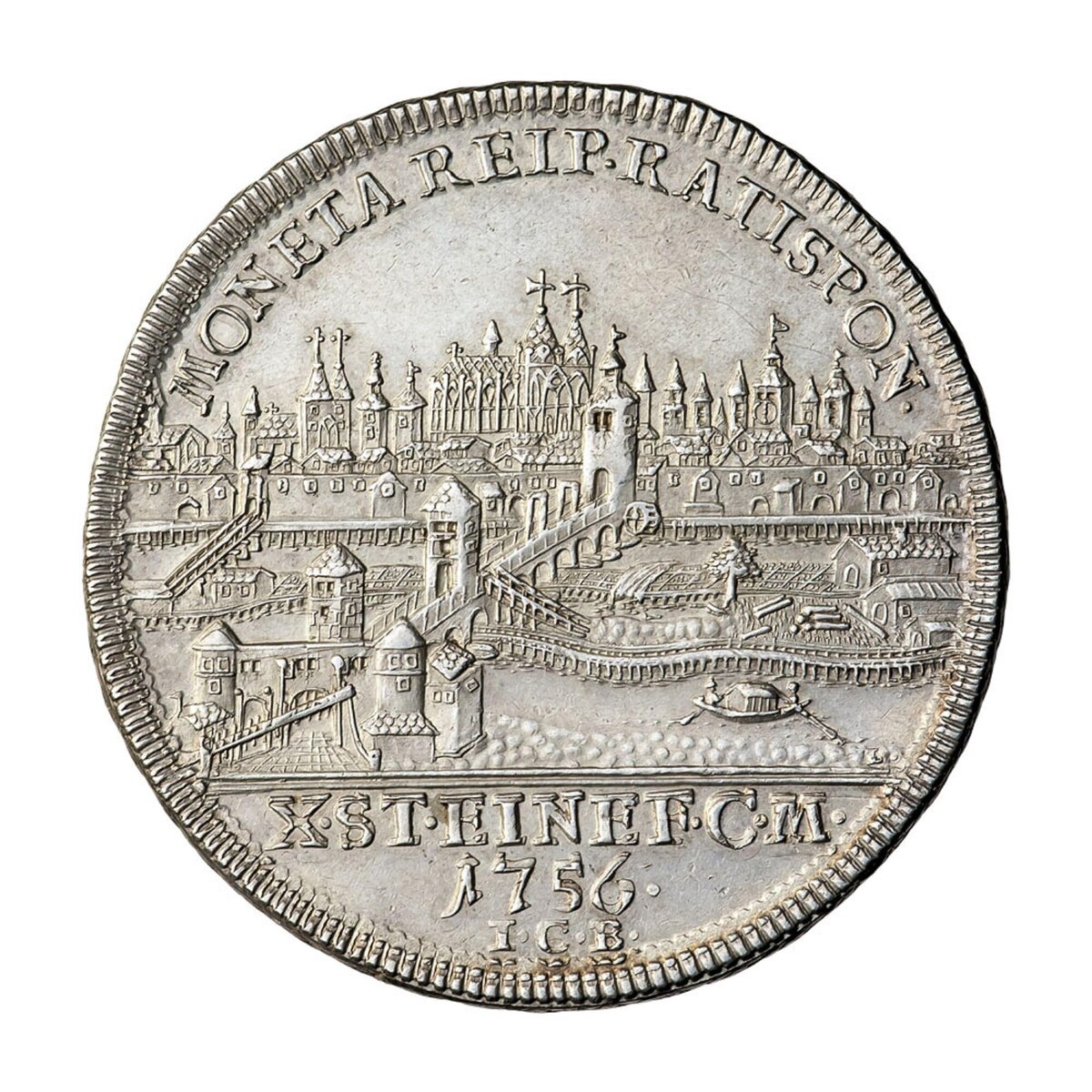 Минцмейстер И. К. Буш, Гравер Г. Ф. Лоос (1756 г.). 
Регенсбург, имперский вольный город. 

Лицевая сторона: MONETA REIP• RATISPON• X• ST• EINE F•C•M•/1756• В центре панорама 
города, внизу под линией обреза: FRANCISCUS D: G: ROM: IMP: SEMP: AVG.