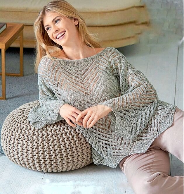 Ажурный пуловер спицами с узором зигзаг описание и схема