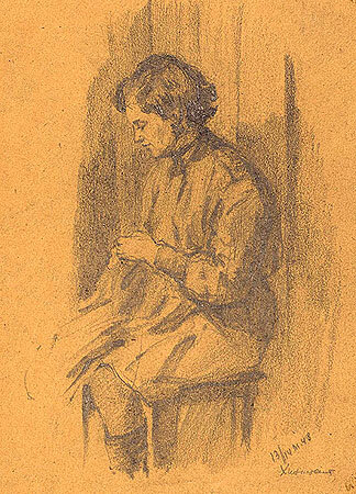1. Хинштейн Л.В. За шитьём. 1943 г. Бумага, карандаш. 20,8х15,7 см. ОФ-5128. Изображение с сайта old.1812panorama.ru