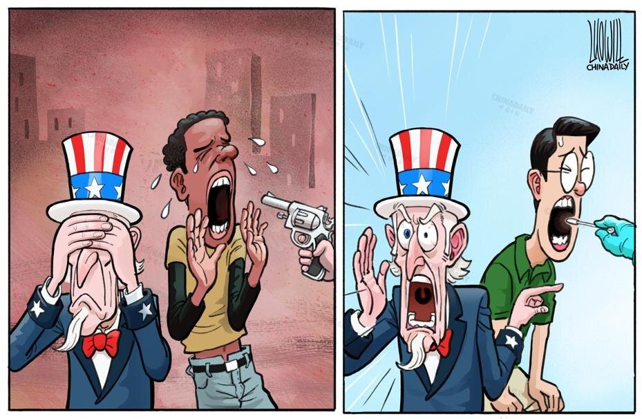 Китайская карикатура на подзабытую тему - "Ааааа, в Китае массовые экспресс-анализы на Ковид - это они так образцы ДНК собирают, бойкотируйте!". Здесь, в Гонконге, всё подали под соусом "Ну вы понимаете, все эти ватные палочки потом в Пекин направят, чтобы выделить гонконгскую хромосому свободности, а потом выдумать против неё что-то". Ну и заодно прокачивался тезис "Гонконгеры - биологически особые не-китайцы". . 

Война англосаксами ведётся на всех уровнях; и в подгаживании по мелочам они мастера.