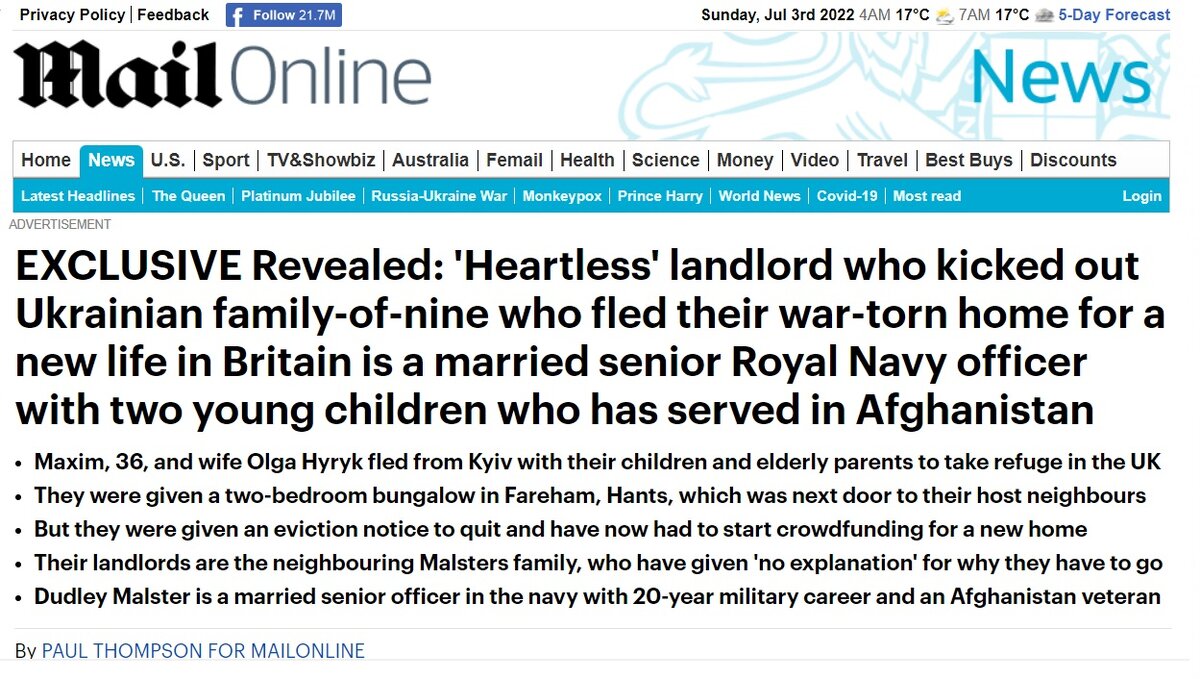 "Шапка" статьи на сайте Daily Mail. 