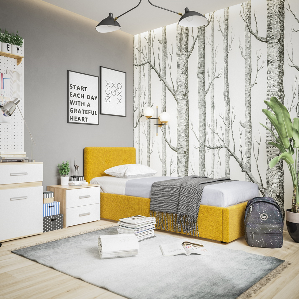 Двухцветный дизайн детской в серых и белых тонах выглядит достаточно сдержанно. В данном примере яркий желтый цвет кровати – это акцент, который привлекает к себе внимание и делает интерьер менее скучным.