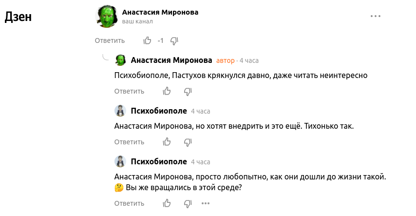 Скриншот комментариев к посту на моем Дзен-канале