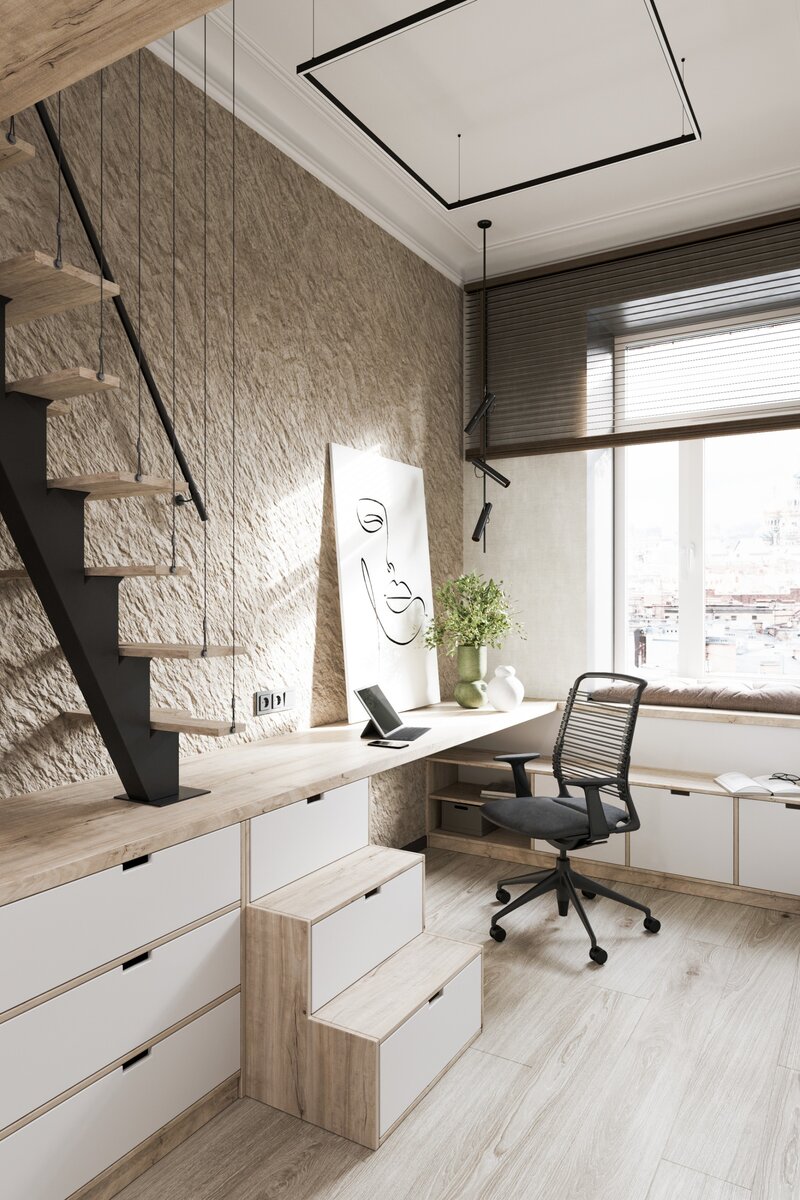 На фото в галерее: пример проекта комнаты для студента, высокие потолки позволили разместить кровать на втором этаже