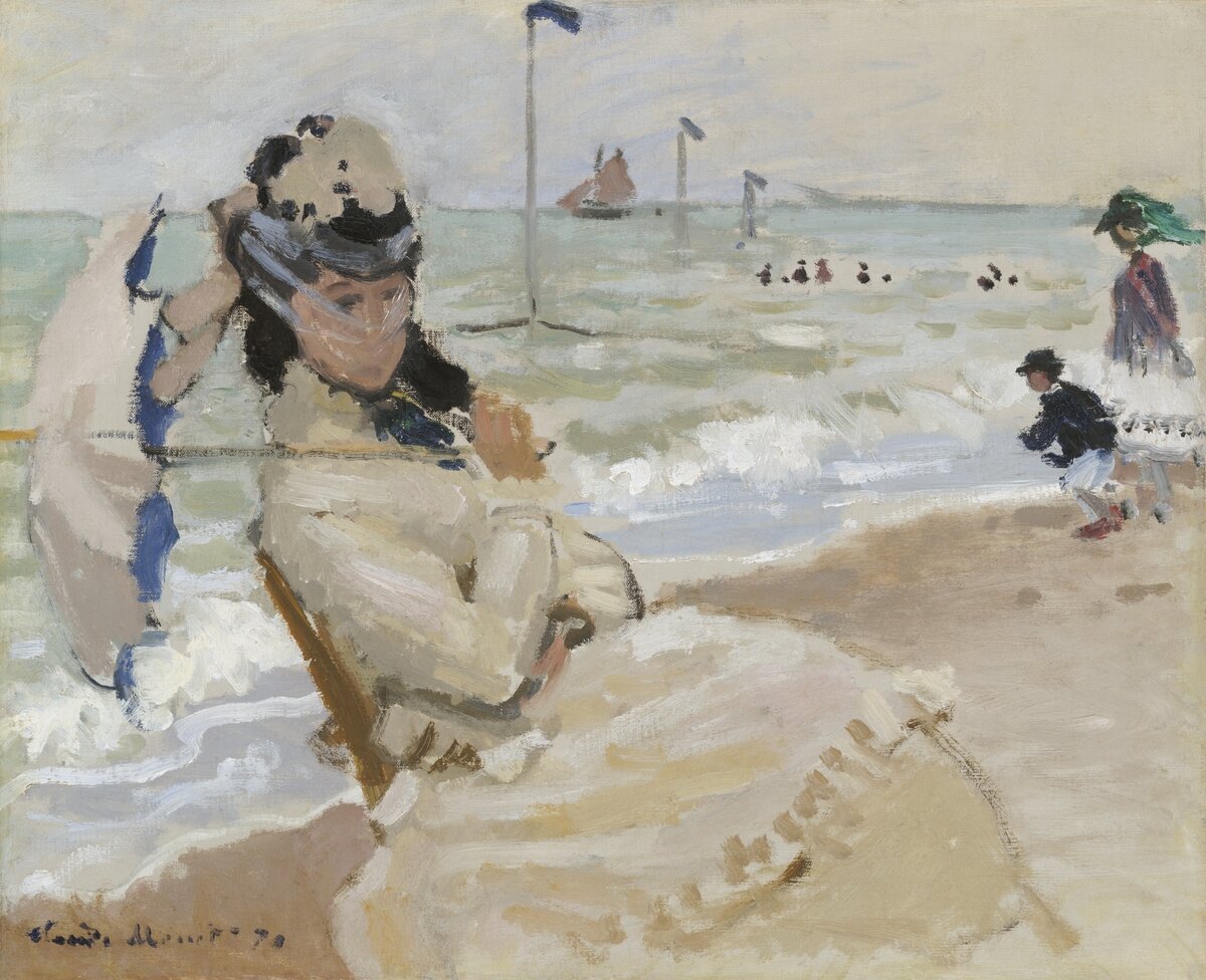 Camille on the Beach in Trouville (1870) by Claude Monet. Original from the Yale University Art Gallery. Digitally enhanced by rawpixel.