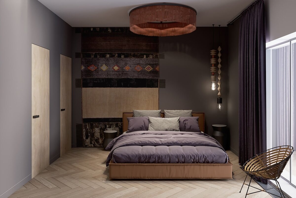 Пример ковра на стене в одном из наших проектов - стильное сочетание кожи и плетения для поддержки этно-колорита.