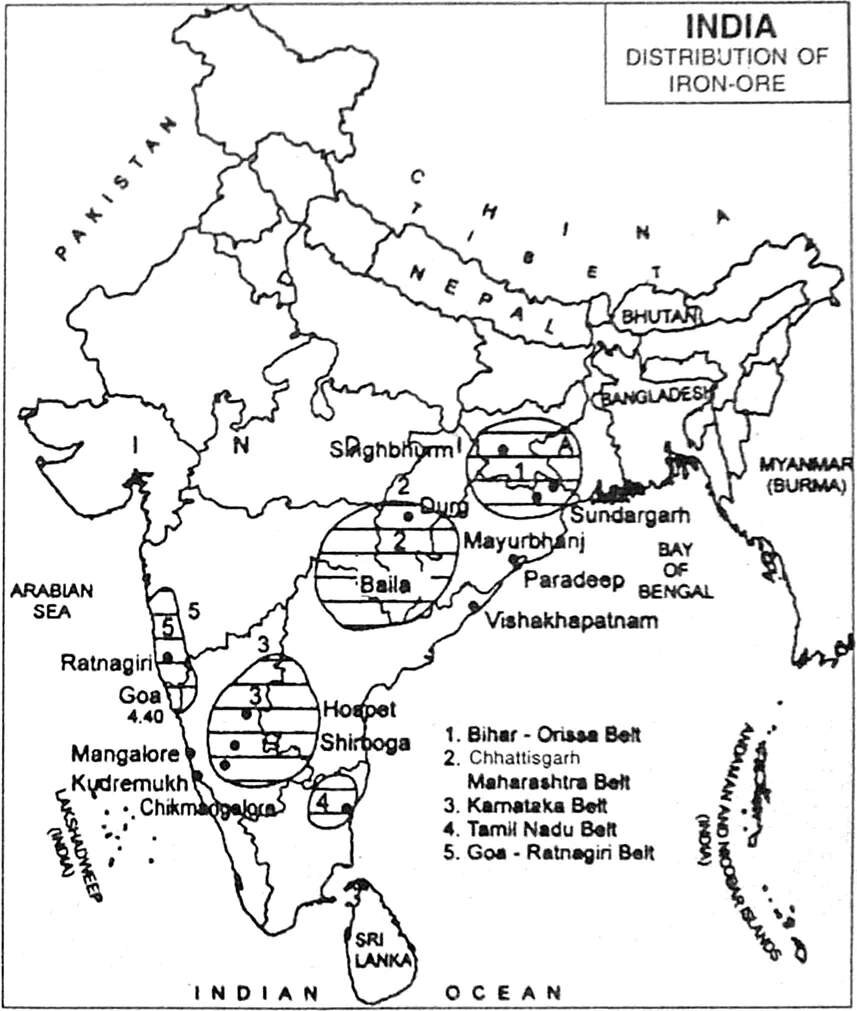 Карта крупнейших залежей железных руд, отменного качества и с высоким содержанием железа. В Индии находится до 5% мировых запасов железа(6 место в мире). 