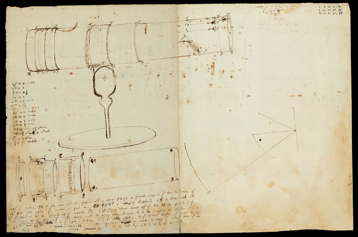 Первые наброски зеркального телескопа в тетрадях Ньютона (электронная библиотека Кембриджа)